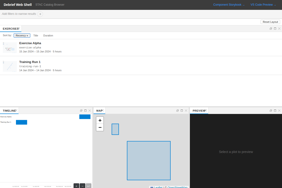 Catalog list view with raster thumbnails rendered inline for every sample plot