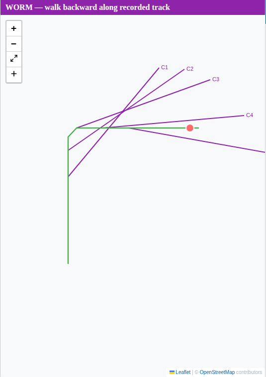 Close-up map of the WORM mode showing bearing lines for contacts C1 through C4 originating at different points along the vessel's recorded track: earlier contacts C1 and C2 originate from the southern pre-turn leg of the track, while later contacts C3 and C4 originate from the eastern post-turn leg