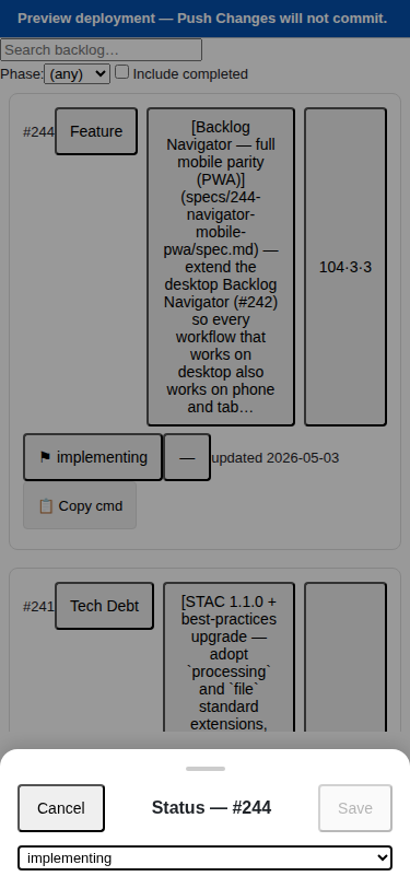 Bottom sheet sliding up from the bottom of the screen with a Status editor showing radio options for proposed, approved, and other workflow states