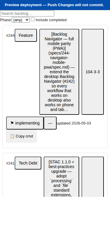 Card with a small status-coloured chip below the description showing a slash command that copies to clipboard on tap