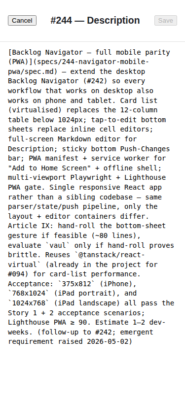 Full-screen Markdown source editor with monospace textarea filling the viewport, Save and Cancel buttons in the header