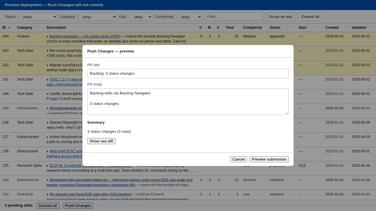 Push Changes dialog showing PR title, body, and structured edit summary