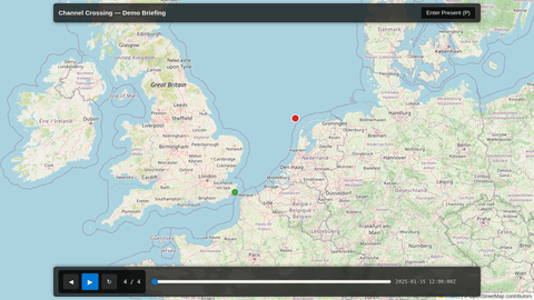 Animation of the exported briefing's trail growing from empty to full as the playback slider is dragged from start to end