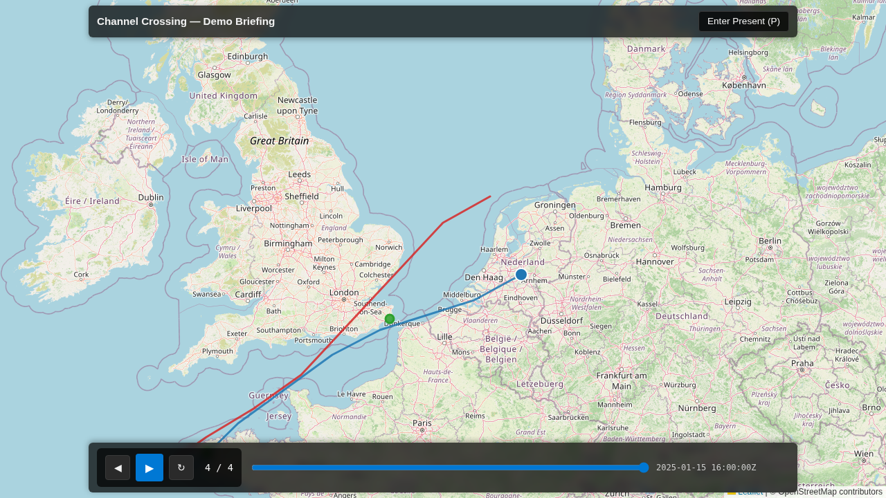 Exported briefing at the window end: the complete eight-vertex track is drawn across the Channel