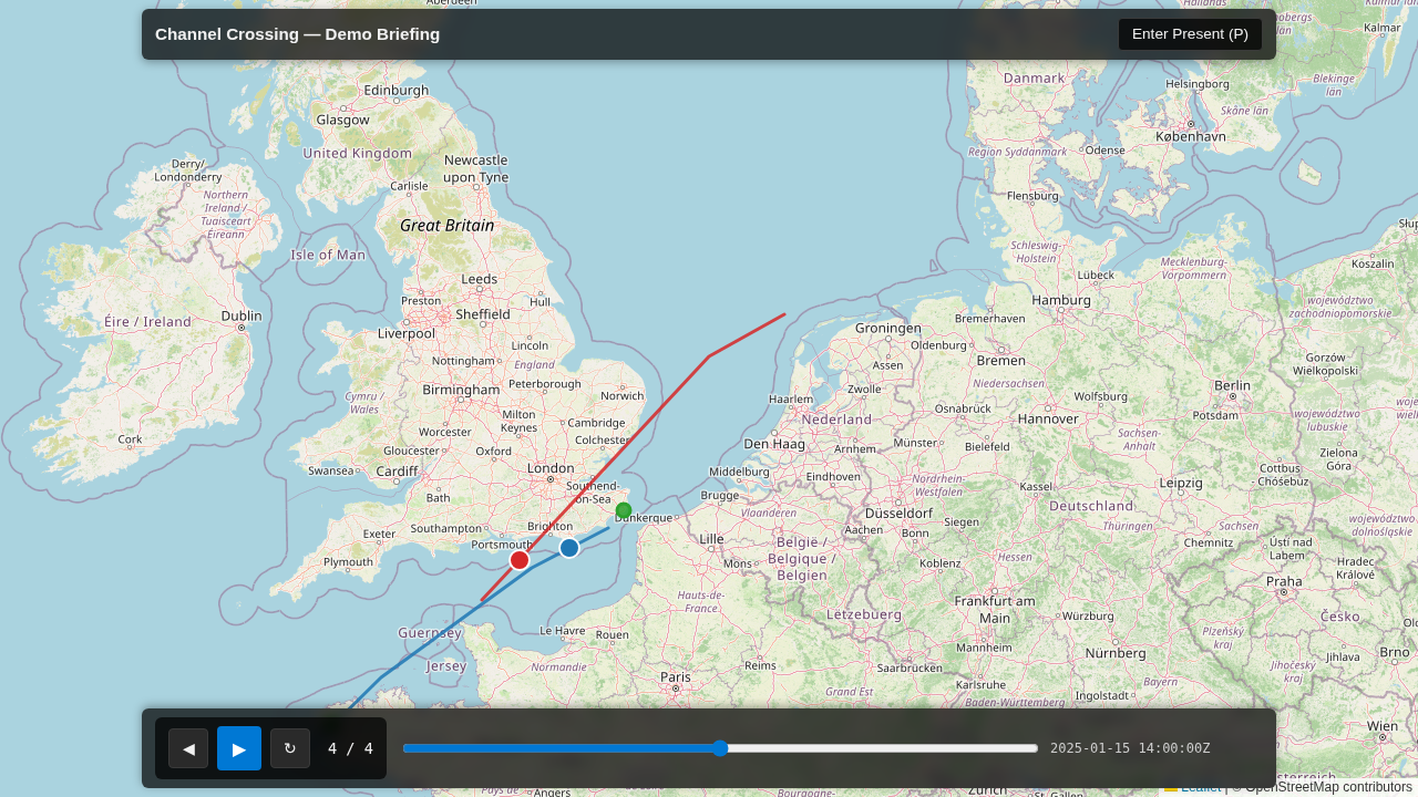 Exported briefing mid-playback: a blue snail-trail has grown partway, trailing the moving position dot