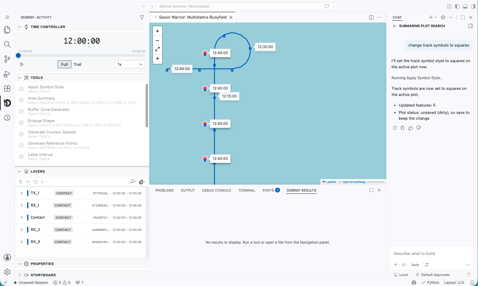 Copilot Chat in the Debrief VS Code preview: the analyst typed "change track symbols to squares"; Copilot ran Apply Symbol Style and replied "Track symbols are now set to squares on the active plot — Updated features: 5, Plot status: unsaved (dirty), so save to keep the change". The status bar reads "Unsaved Session".