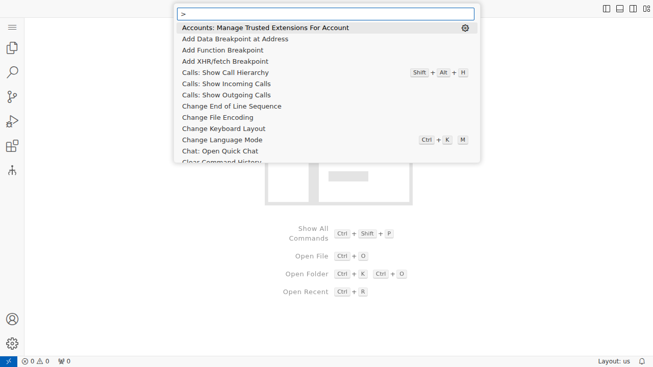 VS Code command palette running in Claude Code's sandbox