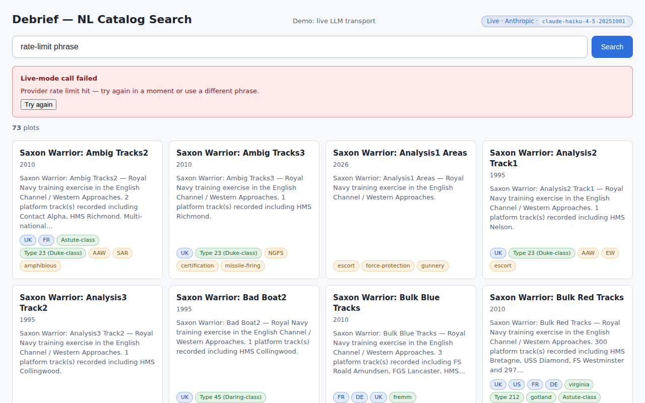 Banner reading "Live-mode call failed -- Provider rate limit hit -- try again in a moment or use a different phrase."