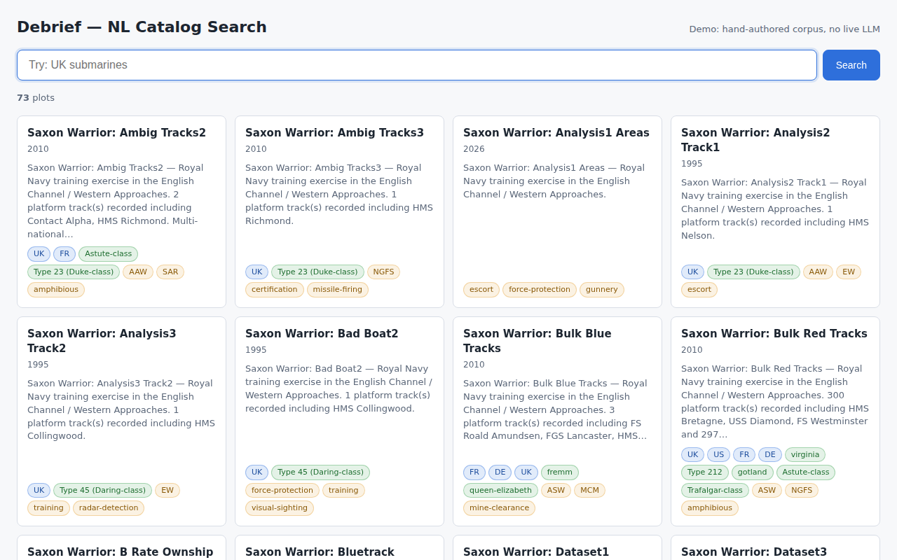 Demo header in fixture mode with no live-mode indicator; subtitle reads "Demo: hand-authored corpus, no live LLM"