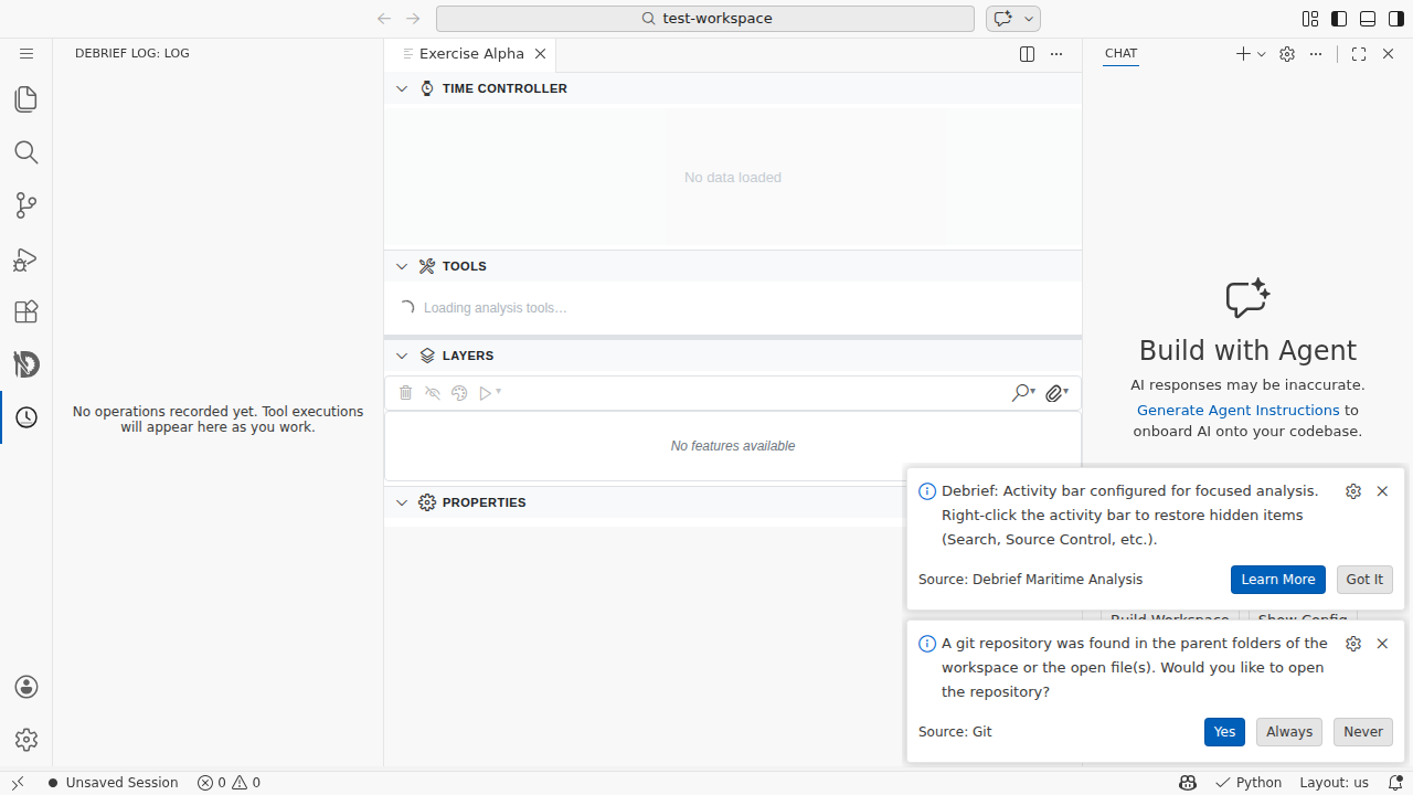 LogPanel webview rendered inside openvscode-server with the empty-state visible alongside the Time Controller, Tools, Layers, and Properties webviews