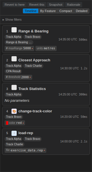 Timeline view of the Log panel — five rich cards showing Range & Bearing, Closest Approach, Track Statistics, change-track-color, and load-rep, each with category icons, track badges, UTC timestamps, durations, and parameter chips