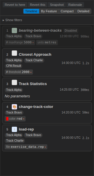 A card for bearing-between-tracks rendered at 50% opacity with a red Disabled badge in the meta row, parameters still visible beneath