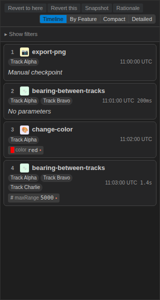 Four cards exercising edge cases — a Manual checkpoint snapshot, a No parameters row, a colour chip, and a multi-track badge wrap