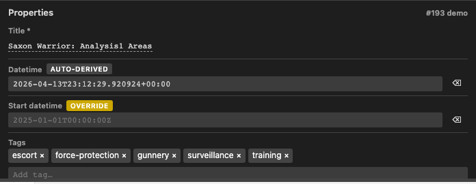 PropertiesForm in the dark theme -- Title, Datetime with "auto-derived" chip, Start datetime with "override" chip, chip-list of tags, Platforms