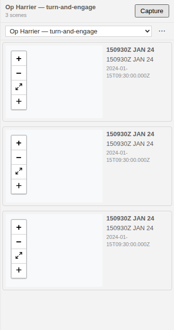 Three tied-timestamp scenes in the Storyboard panel, captured at the same instant with different viewports