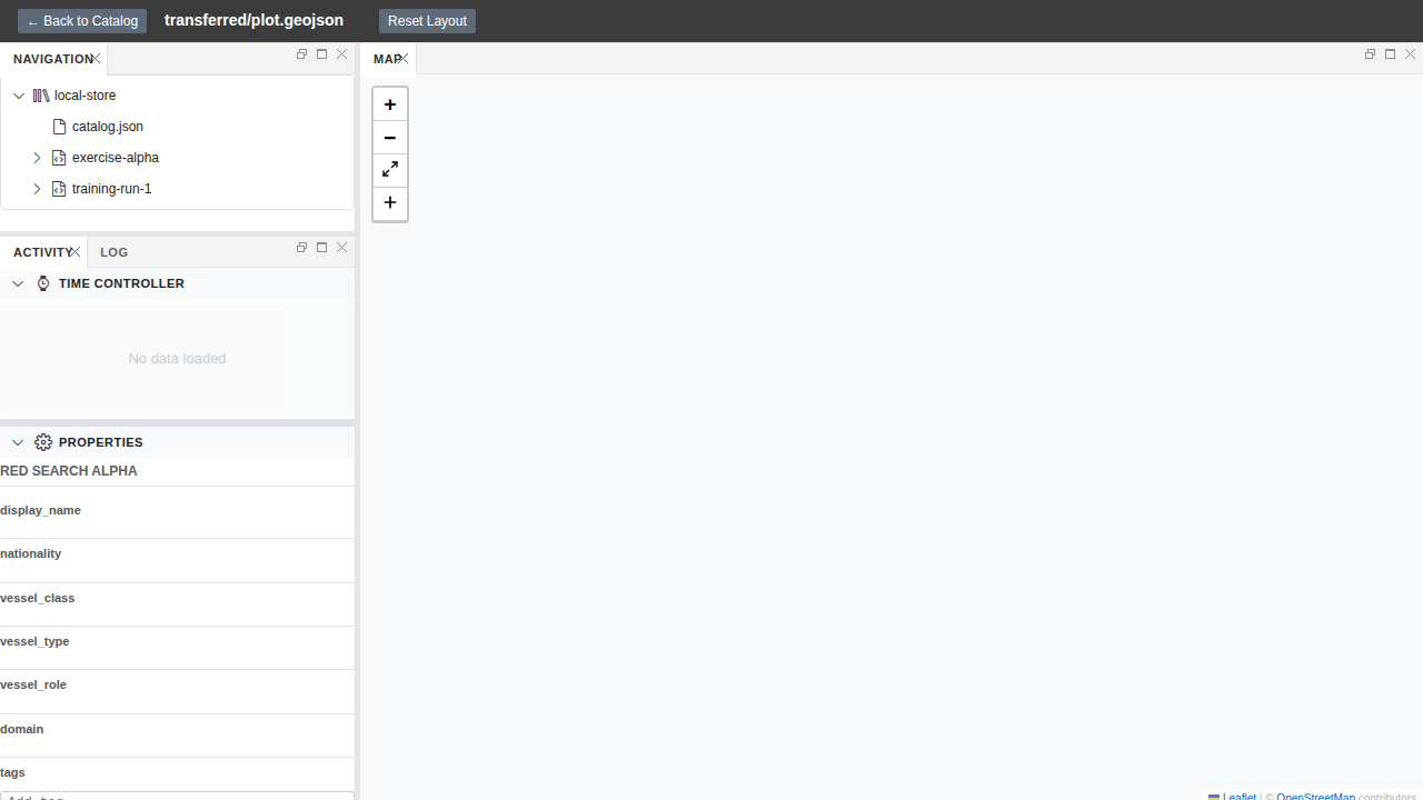 Host B after a features-only transfer: the same viewport, the playhead restored to 09:30:00, and track-hms-defender selected, with the title bar reading transferred/plot.geojson.