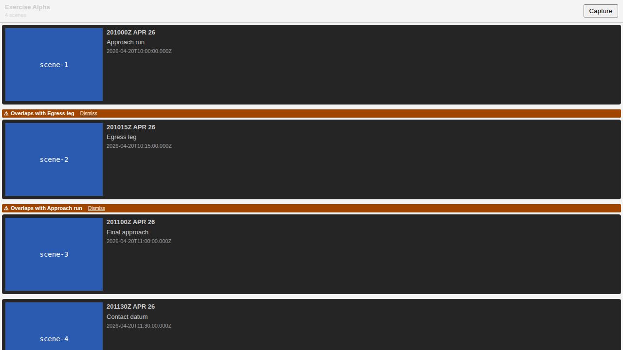 The same Storyboard panel rendered in dark theme, with the two overlap warning bars on the Approach run and Egress leg rows