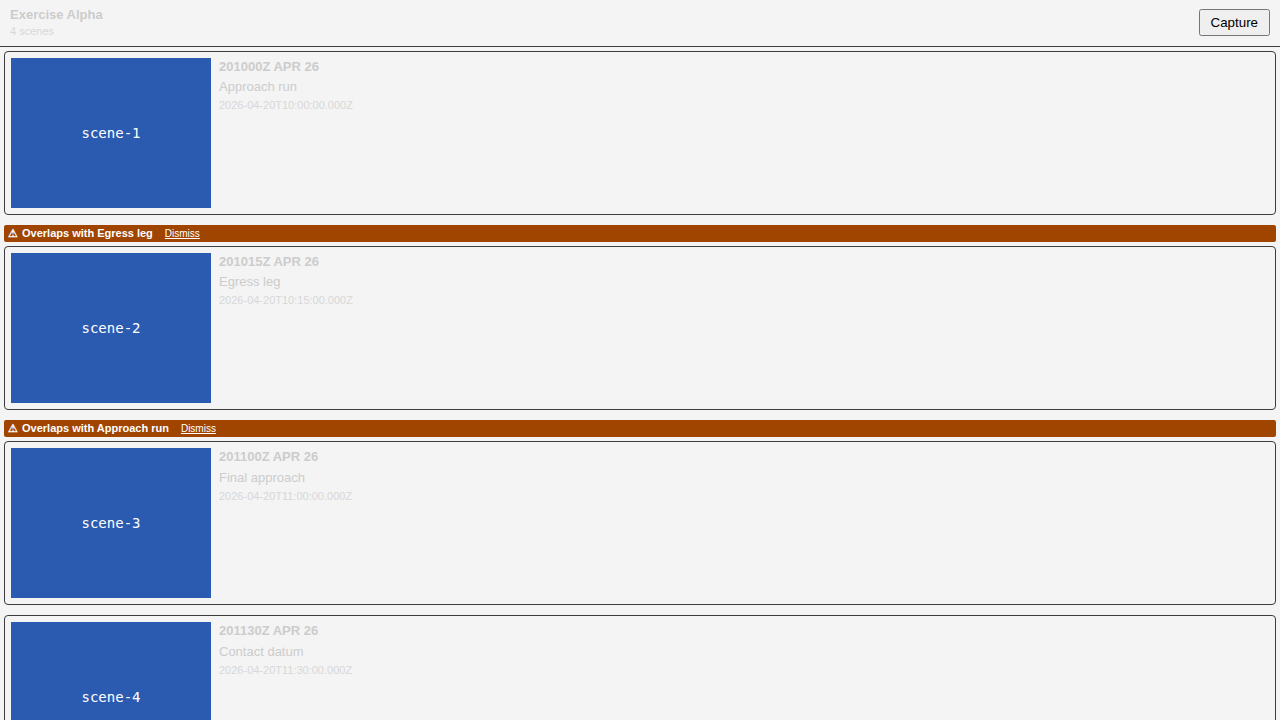 The same Storyboard panel rendered in the VS Code theme, with the two overlap warning bars on the Approach run and Egress leg rows