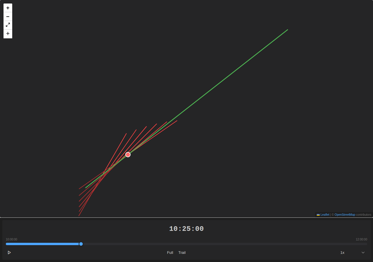 Ambiguous bearing lines on a dark-themed map showing paired primary and darker secondary bearing lines radiating from the host vessel along a green track
