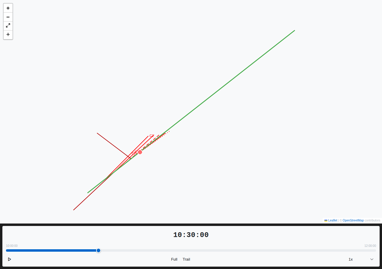 Sensor bearing lines rendered on a Leaflet map with a green host track and red bearing lines extending from the vessel position, time slider showing 10:30