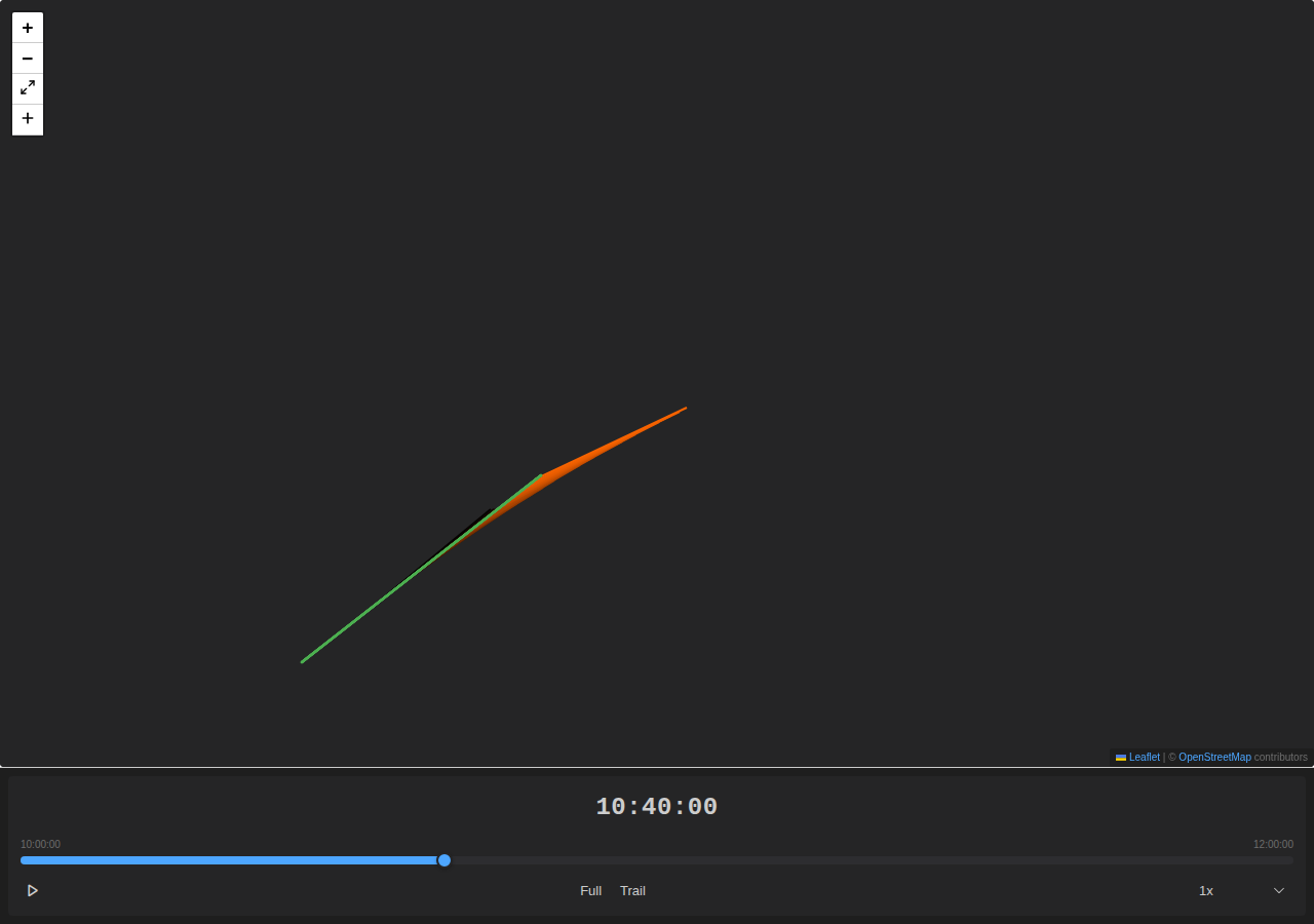 Snail mode trail rendering showing bearing lines fading from bright orange at the newest contact to dark at the oldest, with a green host track