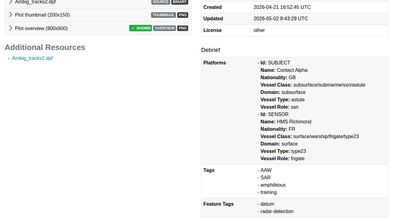 Assets section in stac-browser showing role-tagged entries plus debrief:platforms and tags rendered as a metadata table