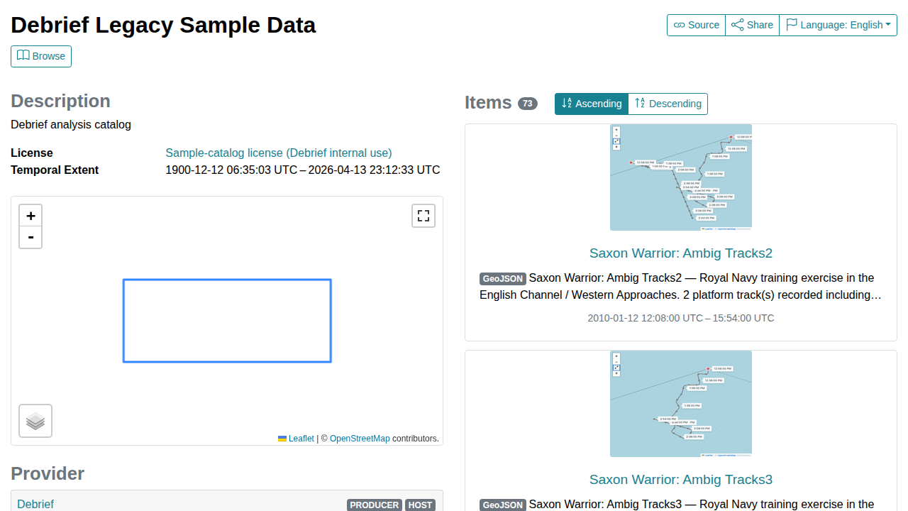The Debrief sample catalog rendered in radiantearth/stac-browser v3.3.4 — Collection landing page showing item_assets, providers, and the overview/thumbnail role split