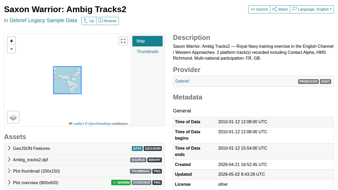 A single regenerated Item rendered in stac-browser — Saxon Warrior: Ambig Tracks2 with metadata table, provider, and assets list with role tags