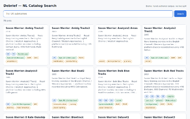 Animated walk-through: typing "uk submarines" produces nationality and vessel-class chips, the card grid filters, and clicking the x on the nationality chip broadens the result set