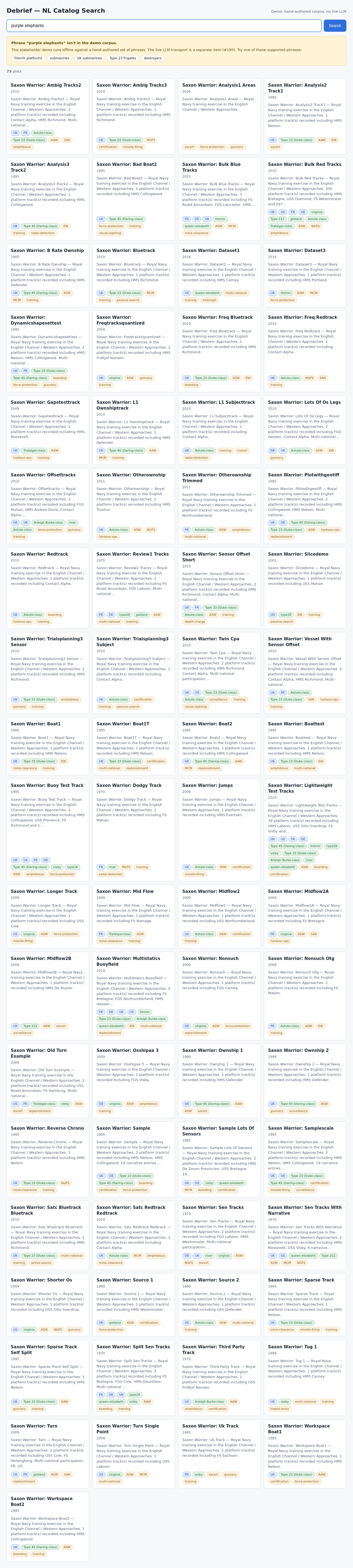 Off-corpus banner with five clickable example phrases