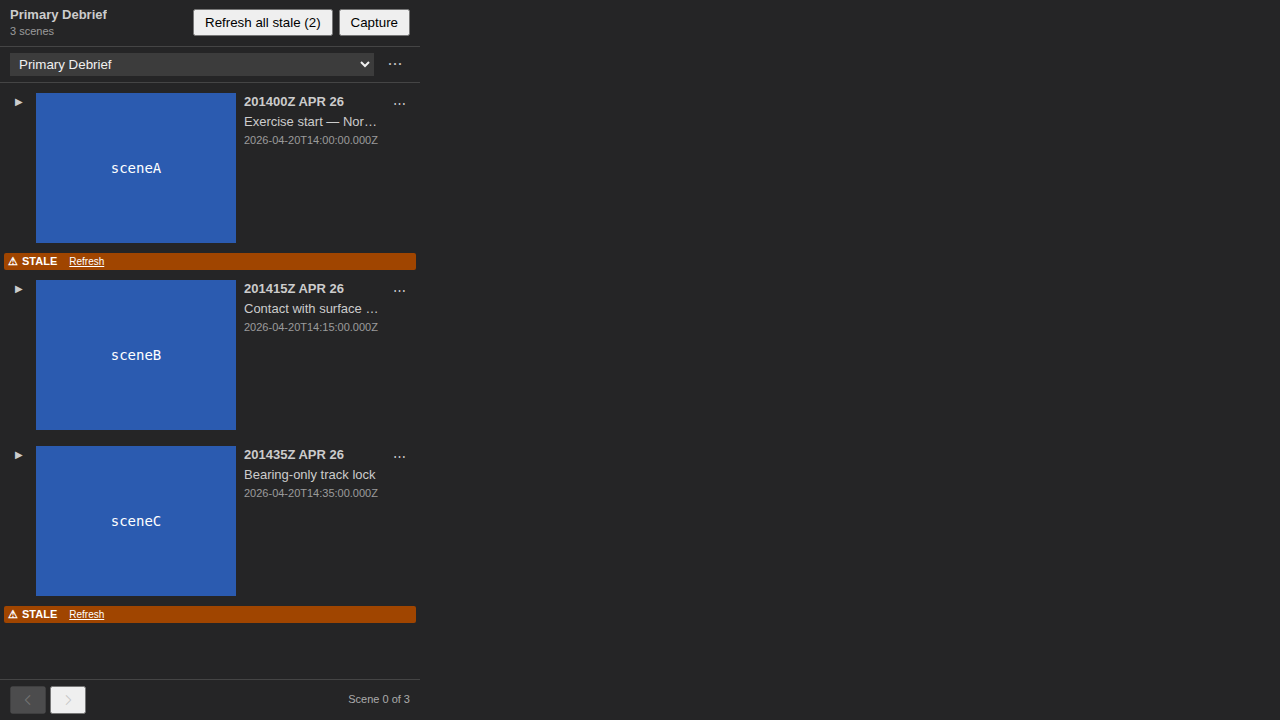 Stale badge on a Scene row, with tooltip explaining which source features have moved since capture