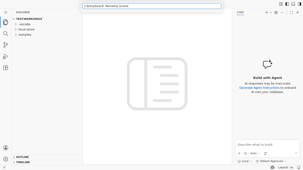 Code-server chrome: command palette open with Storyboard commands listed, native quick-pick visible