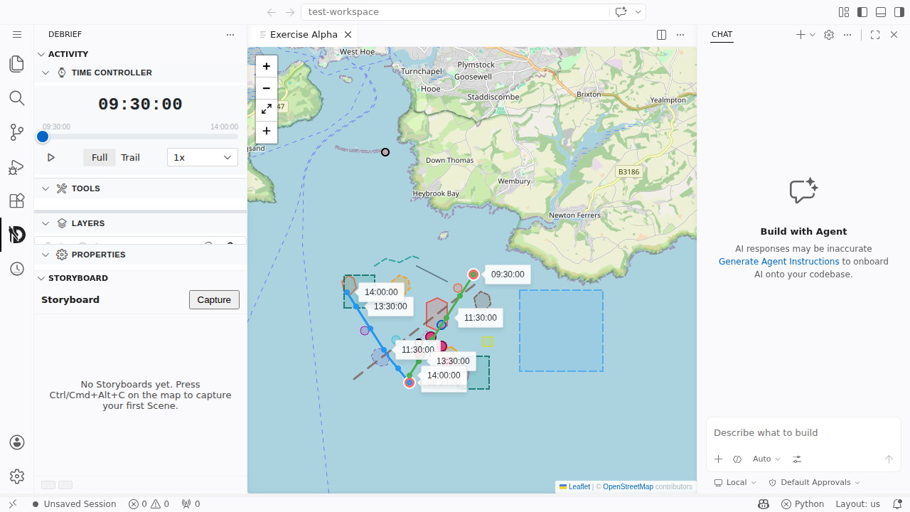Storyboard edit panel inside VS Code, with three Scenes, an open inline edit form, and the Debrief sidebar visible