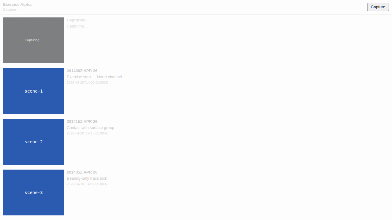 A capture in flight, with a placeholder row prepended above the persisted Scenes