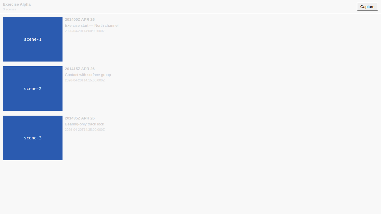 Three captured Scenes in the Storyboard panel, each row showing a thumbnail, DTG label, and ISO-8601 timestamp