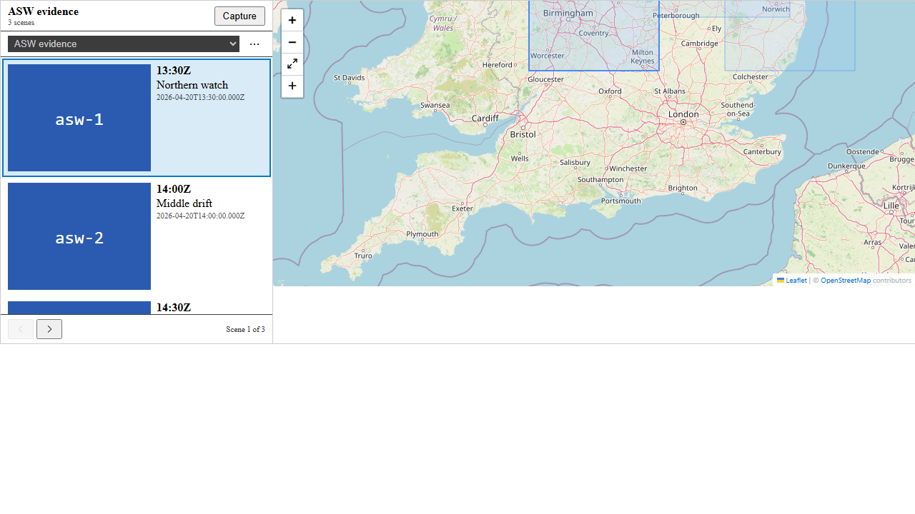 Storyboard panel switched to ASW evidence: Scene list shows asw-1 (current, highlighted) / asw-2 / asw-3; the three rectangles on the map shift to the ASW viewports (north sea cluster) instead of the English Channel set from Commander's view