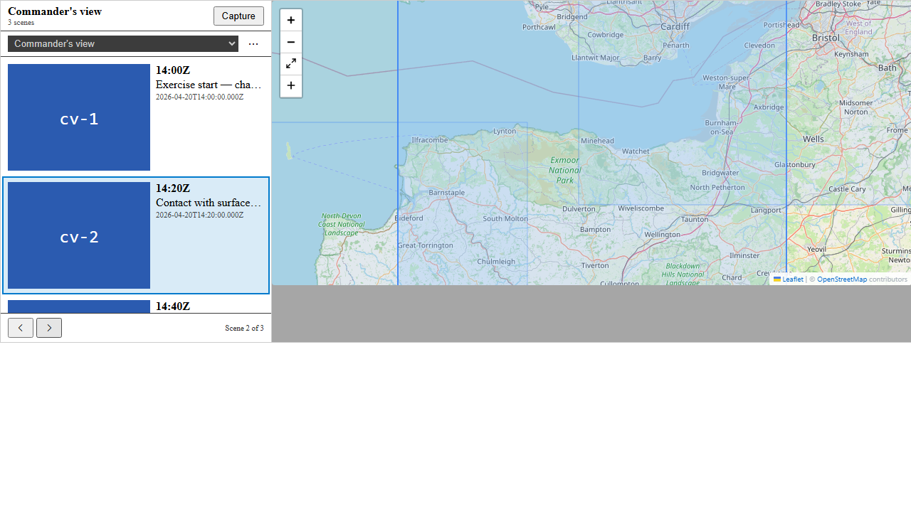 Storyboard panel with Commander's view active, cv-2 highlighted as the current Scene; the right half of the harness is covered by the translucent hard-block overlay, with the HardBlockModal dialog visible inside — body names the missing feature IDs, two action buttons 'Jump past this scene' / 'Open for editing'