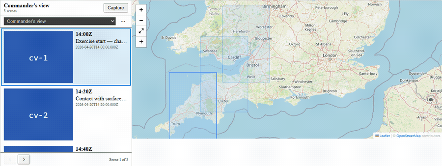 Five-second capture of the analyst stepping forward through Commander's view: the current-row highlight shifts from scene-1 to scene-2 in the panel; on the right the SceneRectangleLayer polygons pan as the map flyTo animates to each Scene's viewport