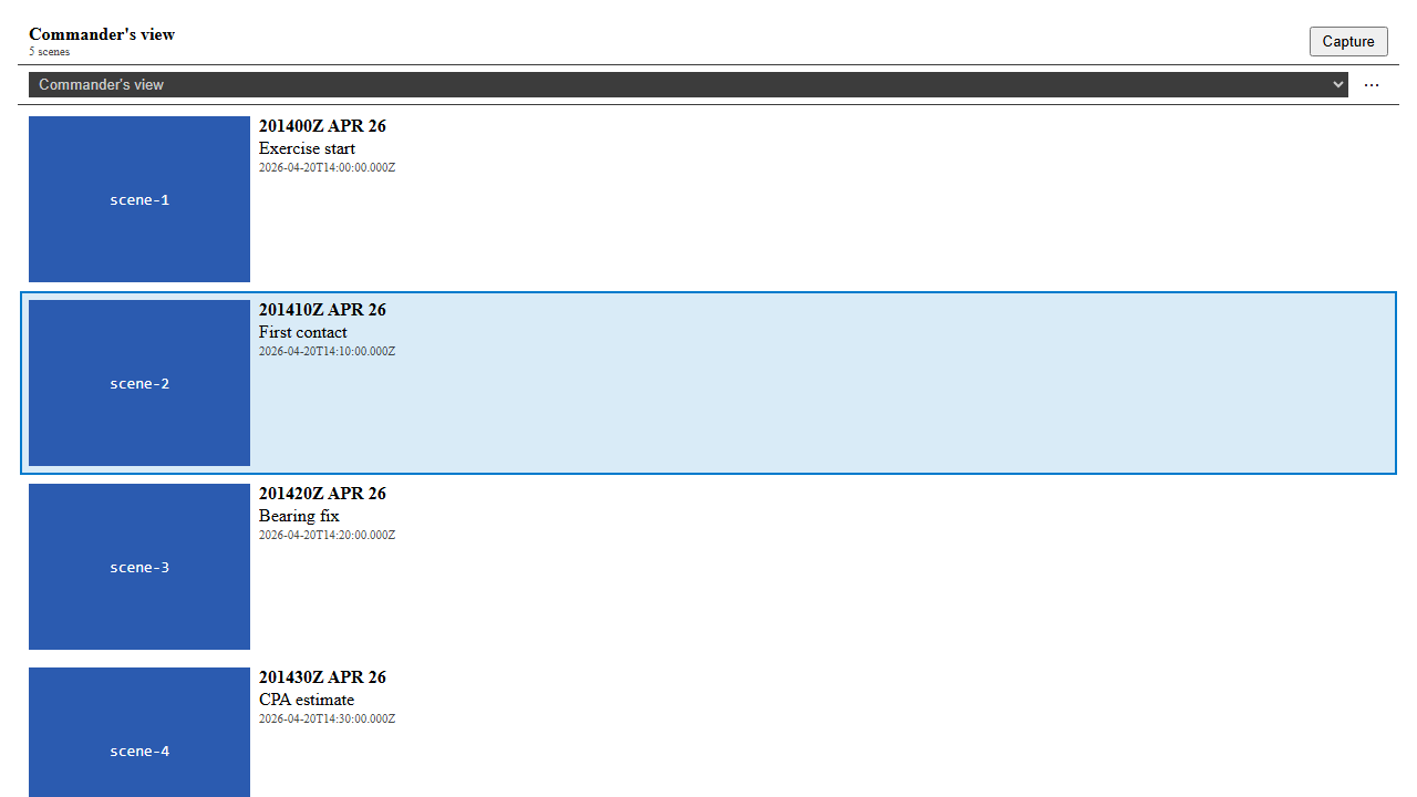 Storyboard panel with header dropdown populated from three Storyboards (Commander's view, ASW evidence, Training debrief), overflow menu trigger on the right, five Scenes in the active list, scene-2 highlighted — light theme