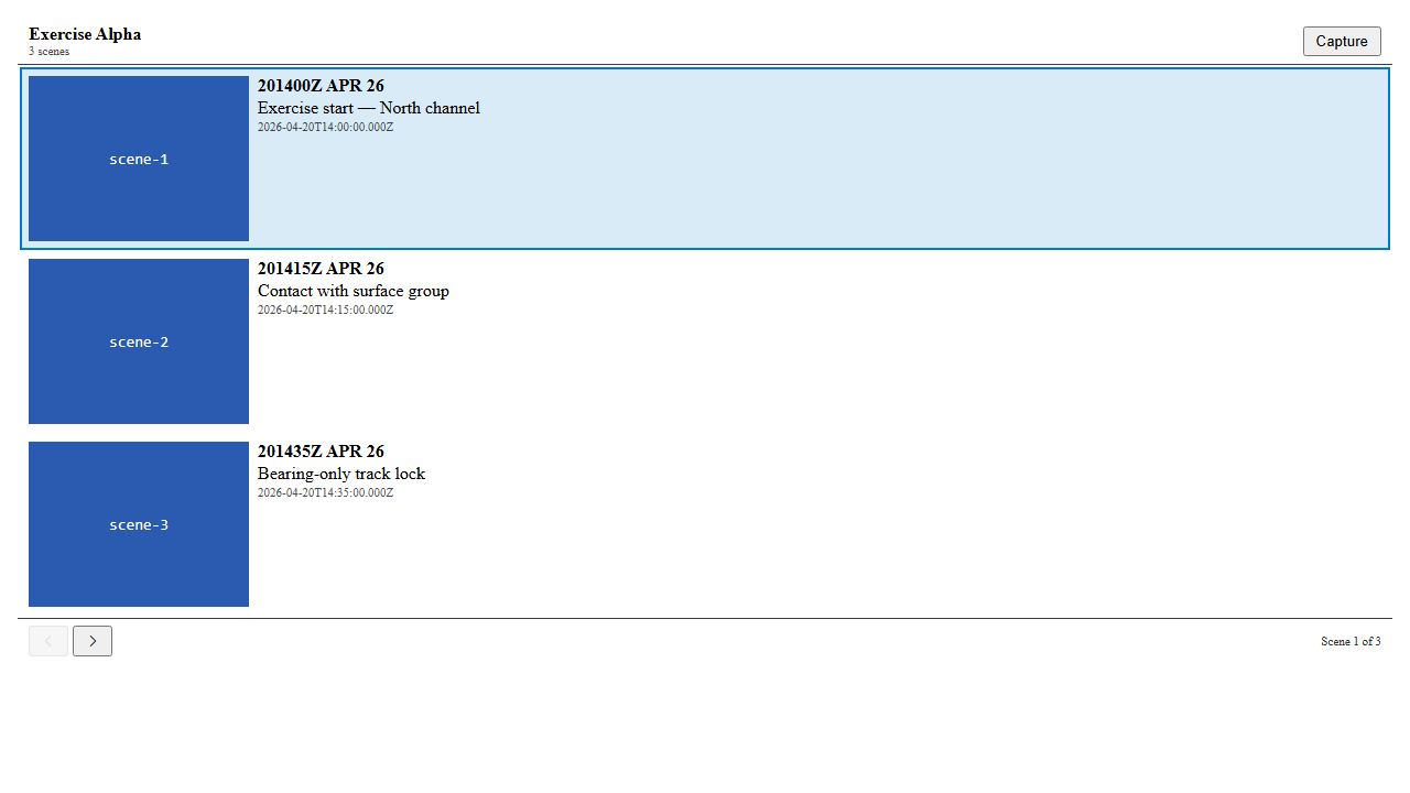 Storyboard panel with three Scene rows, scene-1 active (bold-outlined highlight), TransportRow at the bottom with Backward disabled + Forward enabled + 'Scene 1 of 3' counter — light theme