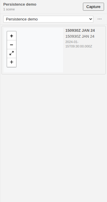 Web-shell Storyboard rail with a captured scene and no warning banner — IndexedDB is healthy, so the writer persists the capture and the badge stays hidden