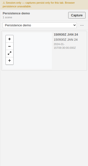 Same Storyboard rail with the yellow Session-only banner at the top reading 'Session-only — captures persist only for this tab. Browser persistence unavailable.' — IndexedDB has been stubbed to undefined to simulate private mode or a blocked store