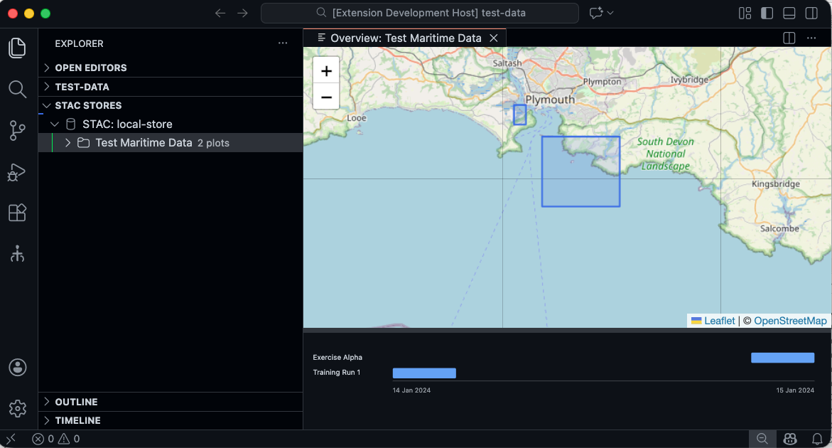 Catalog Overview panel showing bounding boxes on a Leaflet map with a timeline below