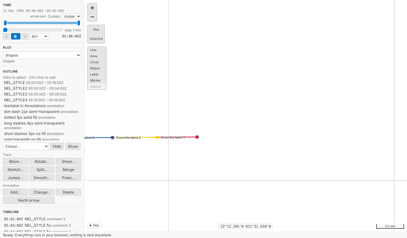 The legacy sample plot imported in the playground, close in on the start of the NEL_STYLE track: its fixes in their own colours, red, yellow and blue, with their legacy labels, Override label 1 to 3, beside them