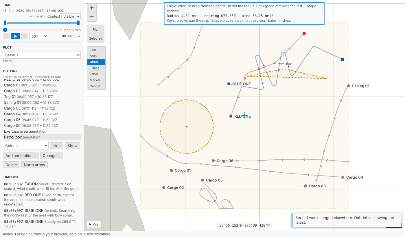 Dragging out a circle's radius: the dashed circle follows the pointer, and the note says its radius in nautical miles, its bearing in degrees true, and the area
