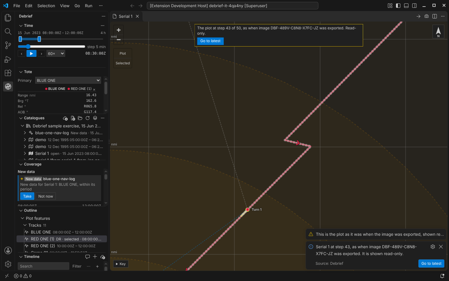 VS Code: the map showing Serial 1 as it was when an image was exported, read-only, with the banner and Go to latest; the Tote in the sidebar shows BLUE ONE to RED ONE as they were then