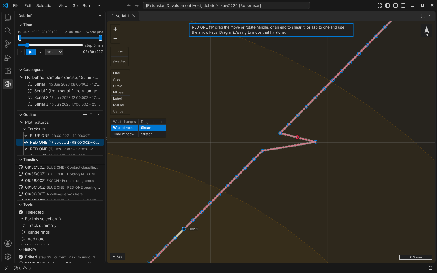 VS Code: RED ONE (1) zoomed in, a ring on each fix in view, one fix moved 0.3 nmi east so the track jinks out to it and back, and the note at the top saying a fix's ring can be dragged