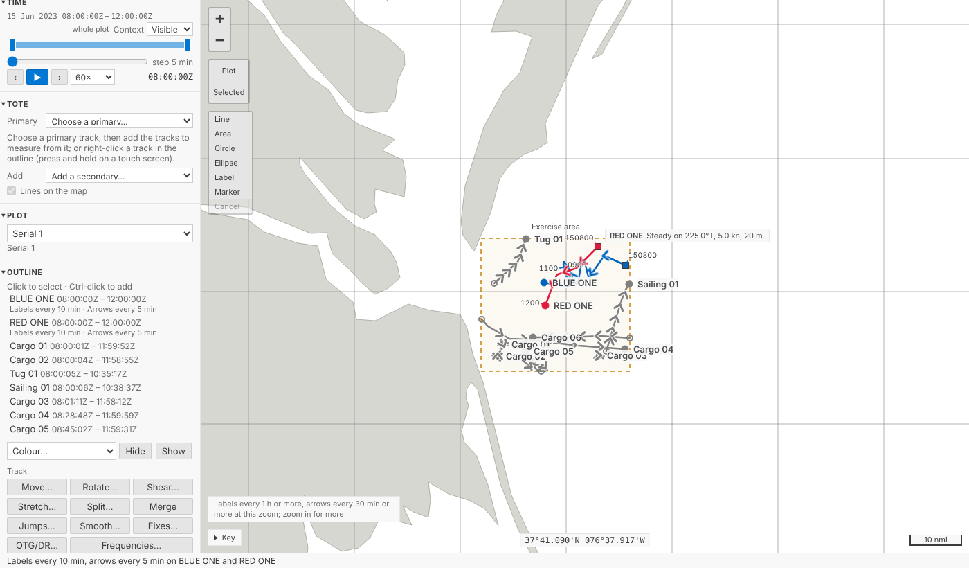 Zoomed out to the exercise area: the two tracks small, a few labels on each, and the note at the bottom left saying Labels every 1 h or more, arrows every 30 min or more at this zoom; zoom in for more