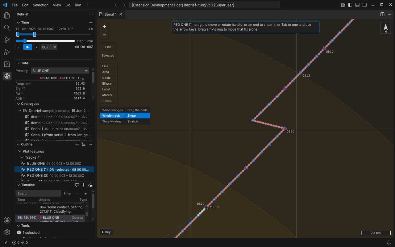 VS Code, dark theme: RED ONE zoomed in, labelled 0810, 0813 (one fix forced on), 0820 and 0830, with arrows along it; 0830 sits on the far side of the track from the fix's own label, Turn 1, rather than on it; the outline beside
