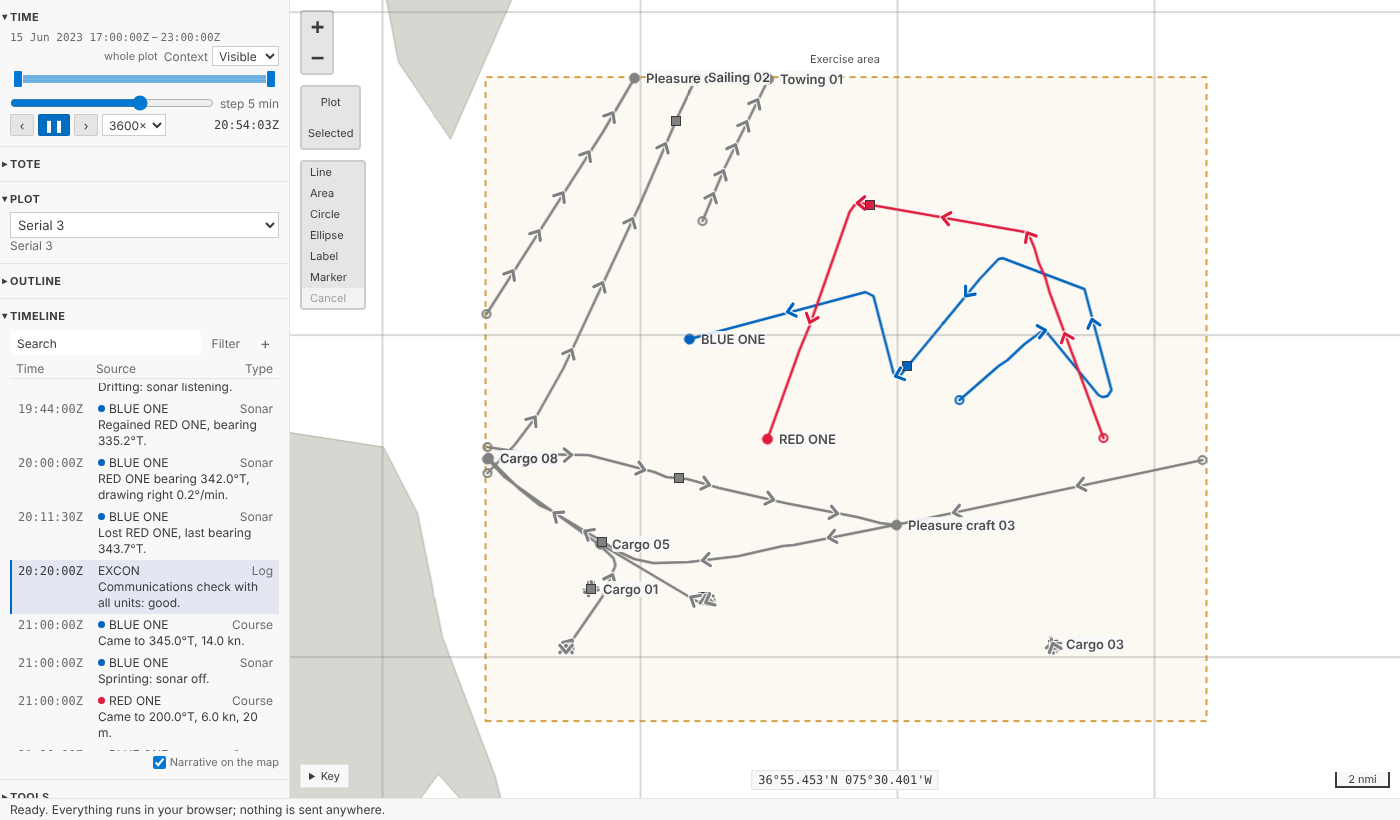 Playing at 3600×: the Timeline has followed current time to 19:00, its entry marked a third of the way down the list, and the map shows the tracks at that time